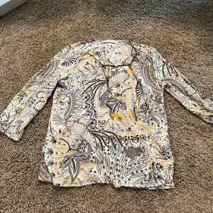 Armand Thiery Patterned Blouse with Yellow Feather Accents